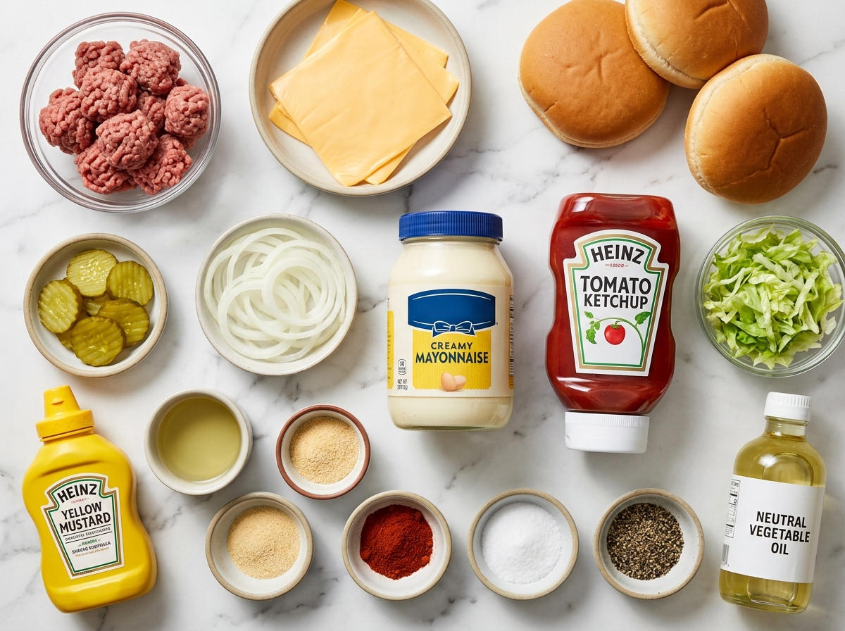 Ingredients for Smash Burgers with beef, cheese, buns, pickles, and sauce