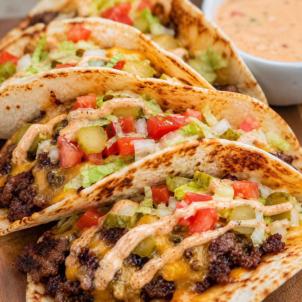 Smashed cheeseburger tacos with melted cheese, lettuce, pickles, and sauce