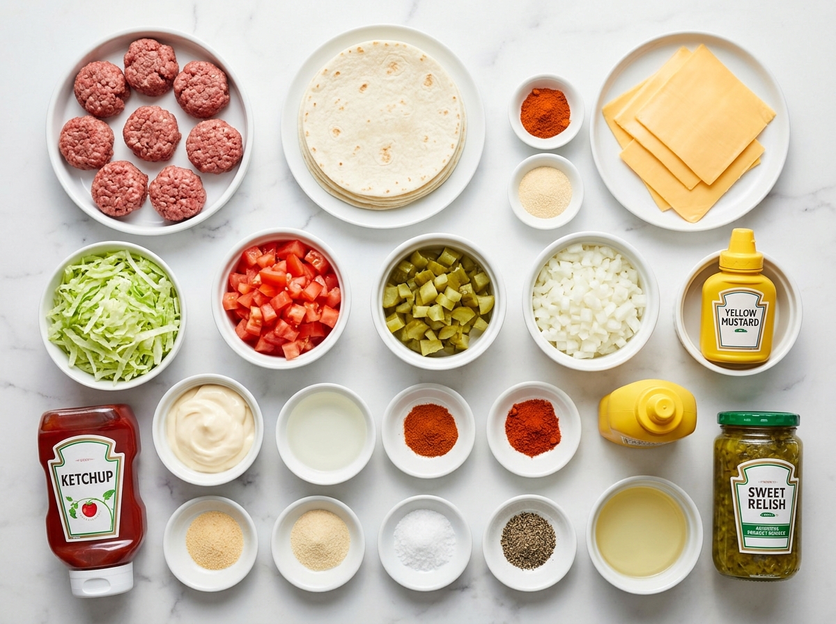 Raw ingredients for smashed cheeseburger tacos on a wooden counter