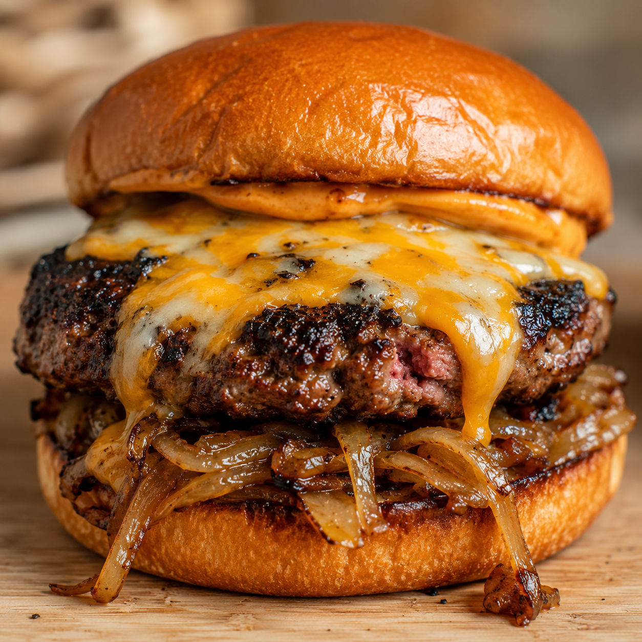 Smoked Cajun burger with melted cheese and caramelized onions on a toasted bun