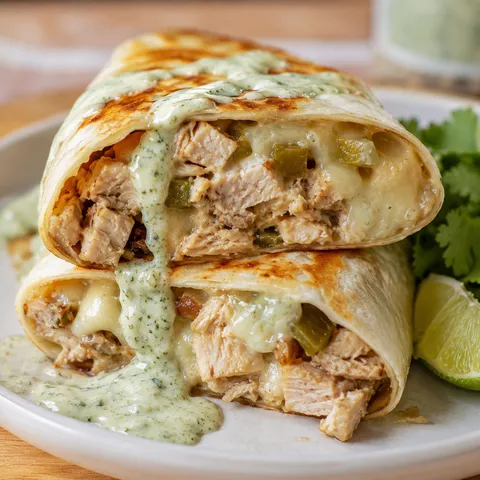 Smoked chicken green chile burrito with poblano ranch and lime
