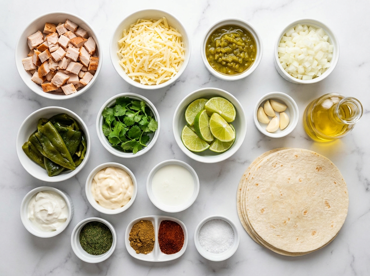 Ingredients for smoked chicken green chile burritos and poblano ranch