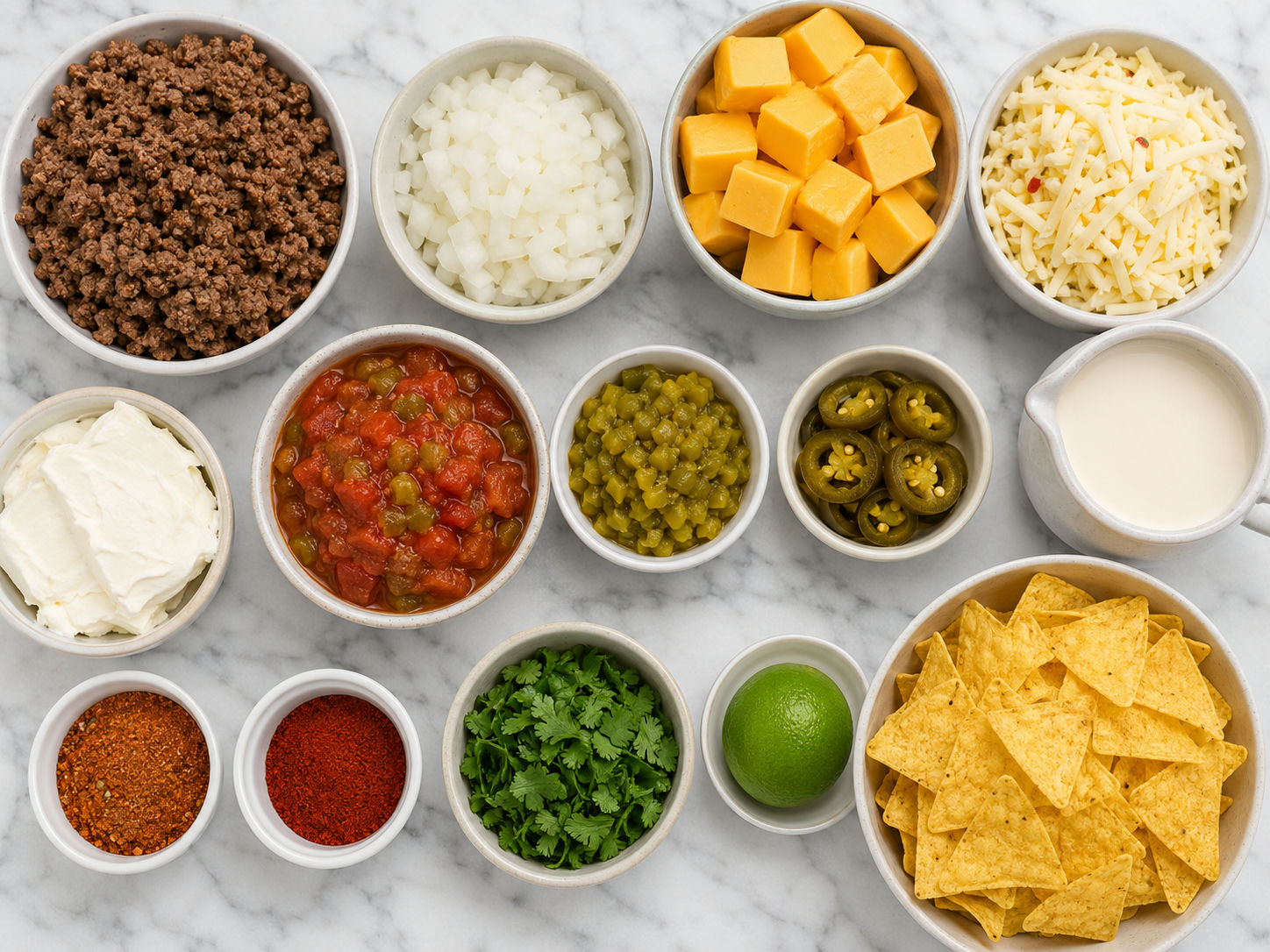 Ingredients for smoked queso dip with beef on a wooden surface