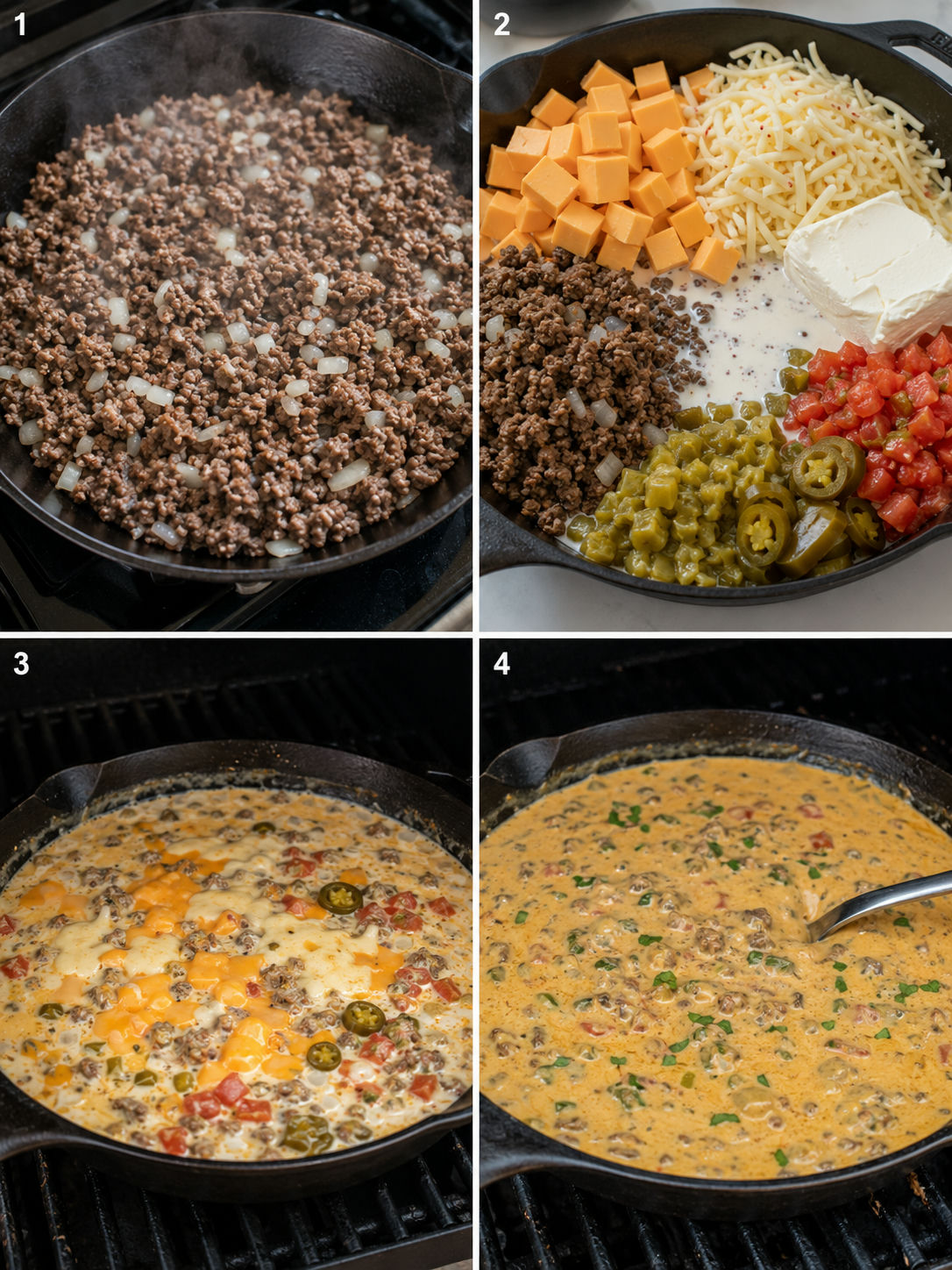 Four cooking steps for smoked queso dip with beef