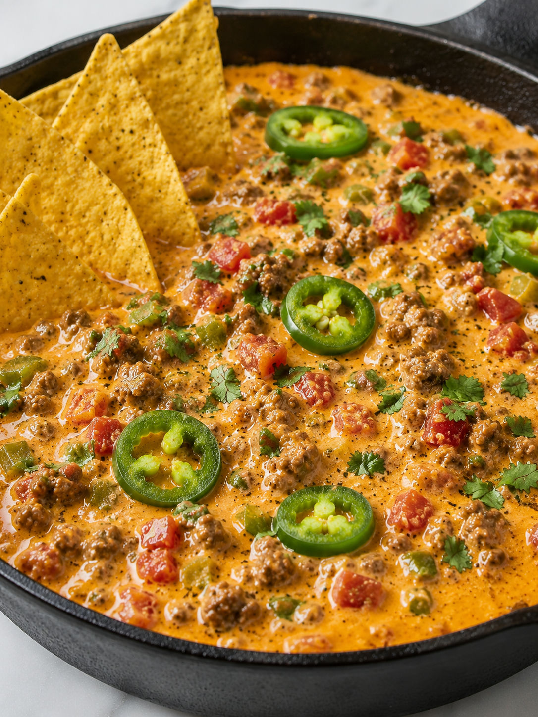 Smoked beef queso dip with jalapenos, cilantro, and tortilla chips