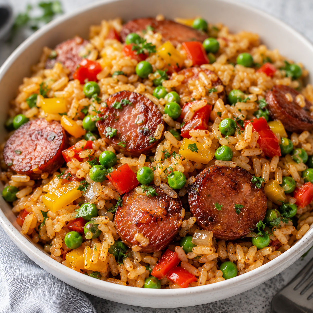Smoked sausage and rice with peppers, peas, and parsley in a bowl