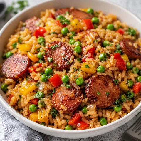 Smoked sausage and rice with peppers, peas, and parsley in a bowl