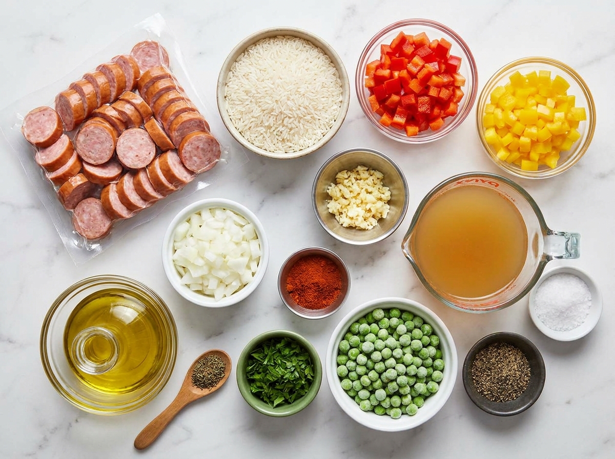 Ingredients for smoked sausage and rice with peppers, peas, and broth