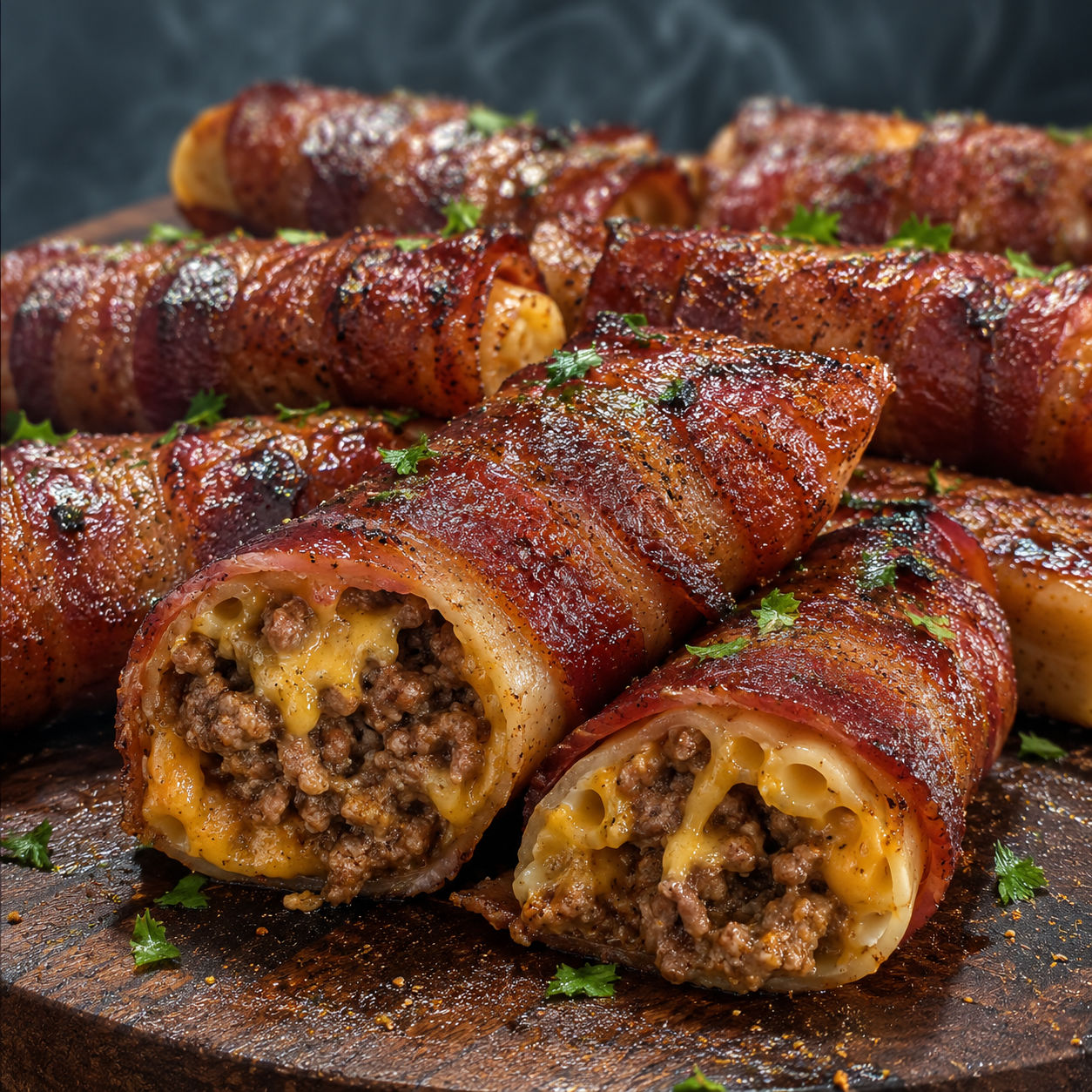 Smoked shotgun shells with bacon, cheddar, and glossy BBQ glaze