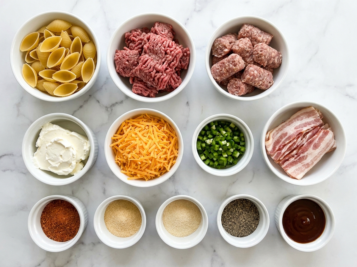 Ingredients for smoked shotgun shells with bacon and cheddar