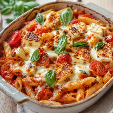 Smoky halloumi pasta bake with bubbling mozzarella and cherry tomatoes