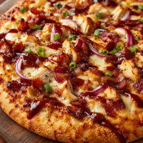 Smoky barbecue chicken bacon pizza with Gouda and red onion