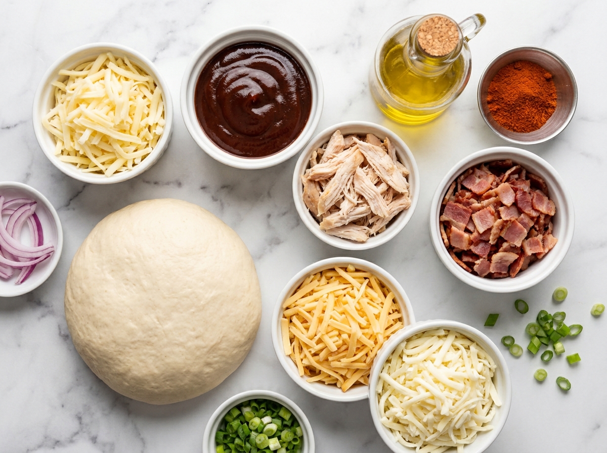 Ingredients for barbecue chicken bacon pizza with smoked Gouda