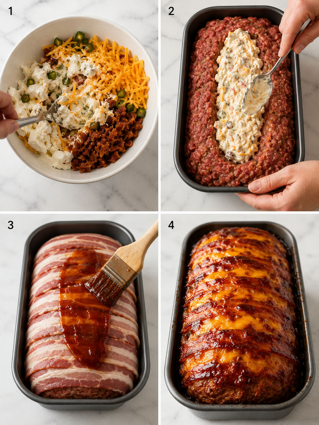 Four-step process grid showing mixing the cream cheese filling through the finished baked jalapeño popper meatloaf