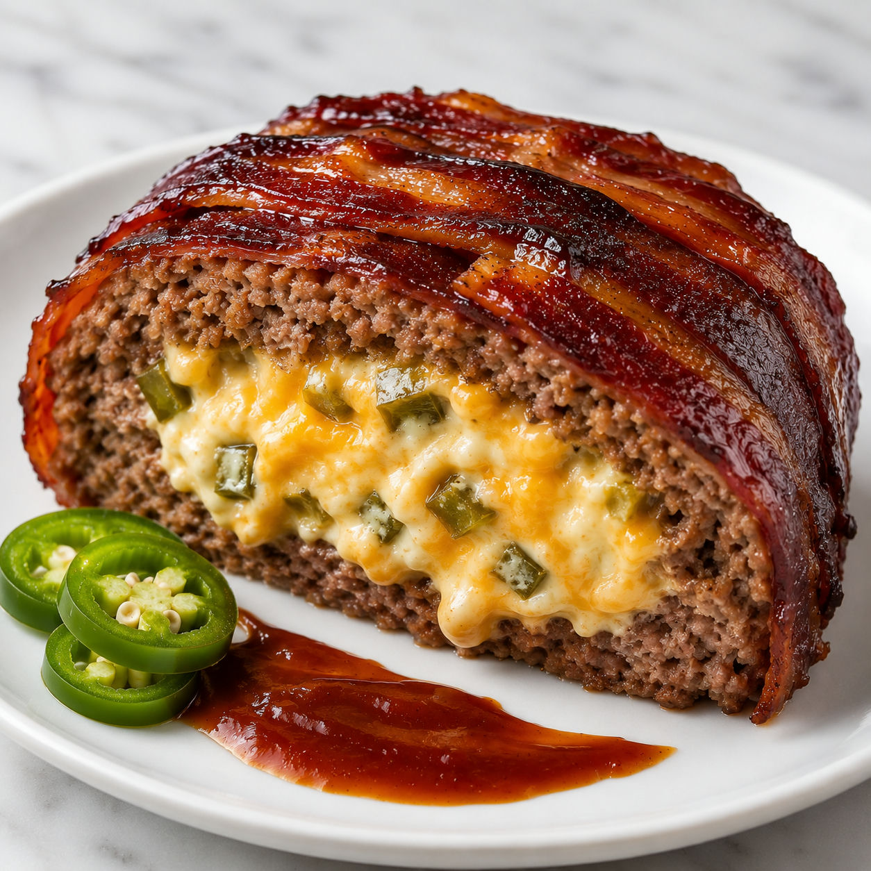 Sliced jalapeño popper meatloaf on a wooden board showing gooey cream cheese center and BBQ bacon glaze
