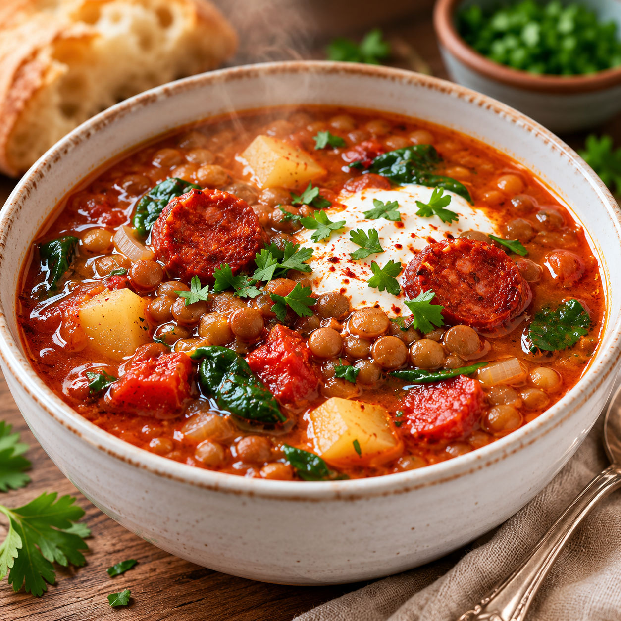 Smoky lentil chorizo soup with parsley and red paprika oil