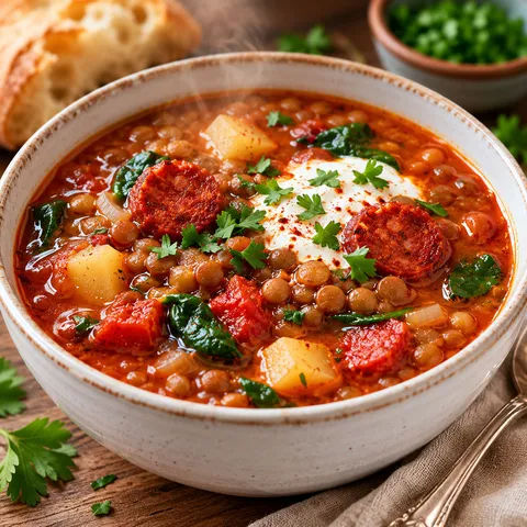 Smoky lentil chorizo soup with parsley and red paprika oil