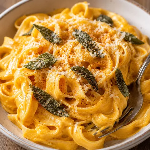 Smoky pumpkin fettuccine alfredo with crispy sage and Parmesan in a cream bowl