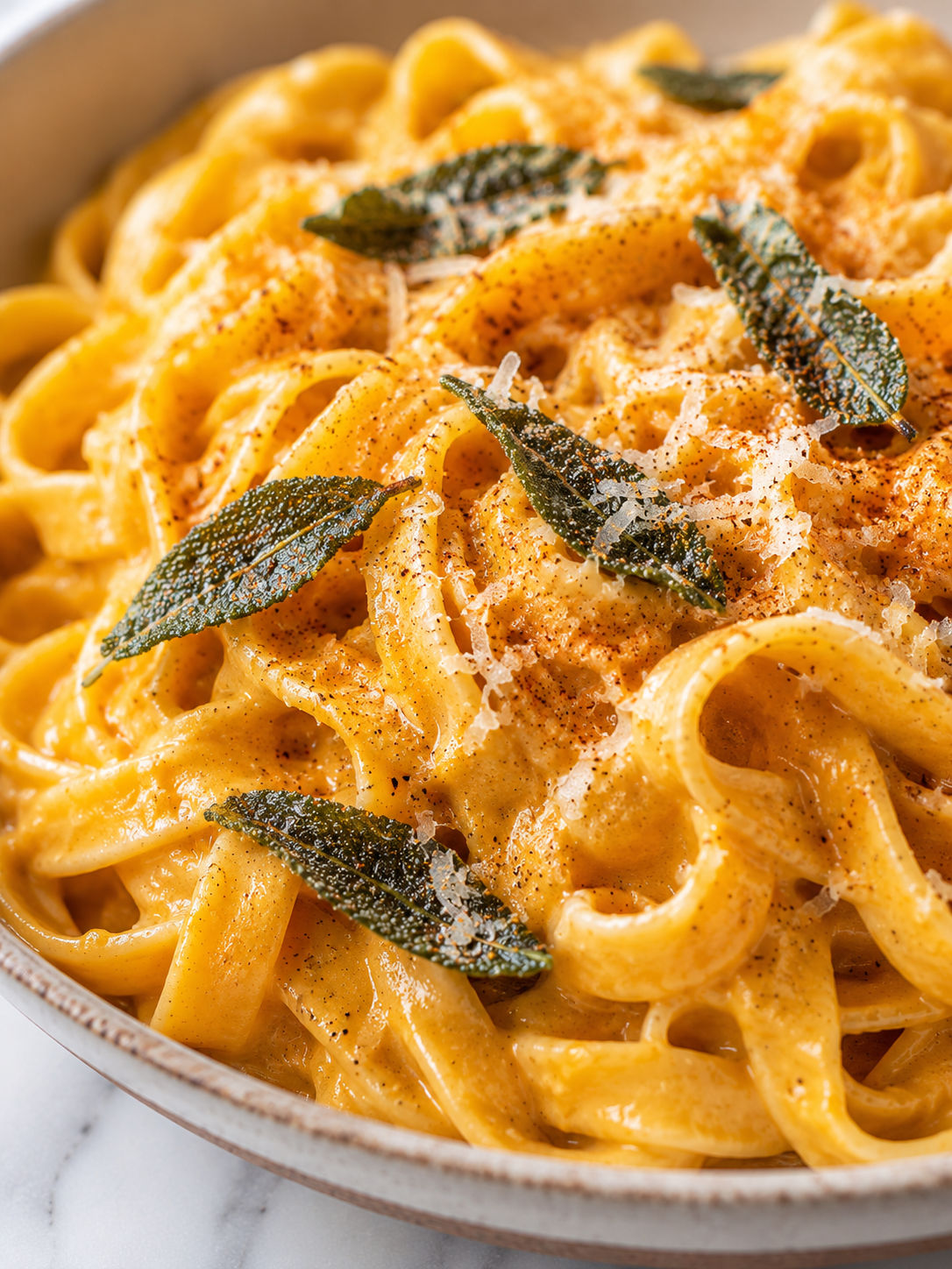 Smoky Pumpkin Fettuccine Alfredo, plated and served