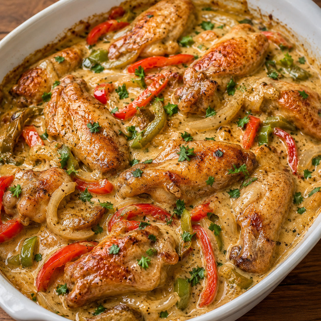 Smothered chicken wings in creamy pepper sauce with parsley