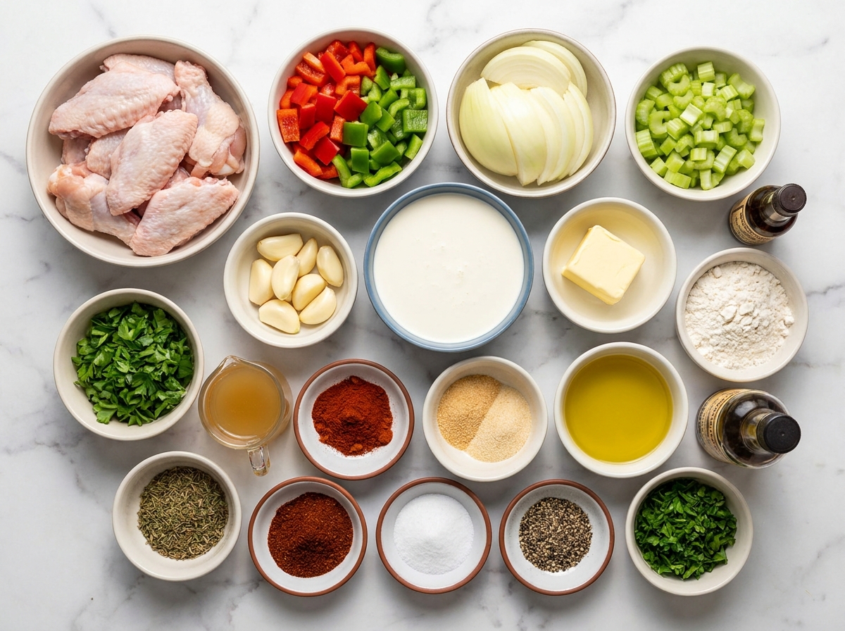 Ingredients for smothered chicken wings with bell peppers and cream