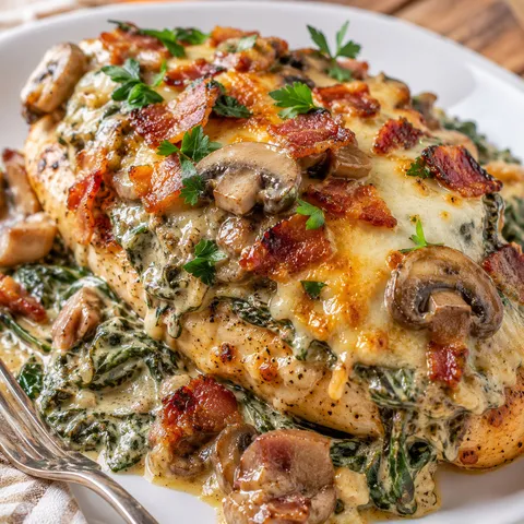 Smothered chicken with creamed spinach, bacon, mushrooms, and melted cheese