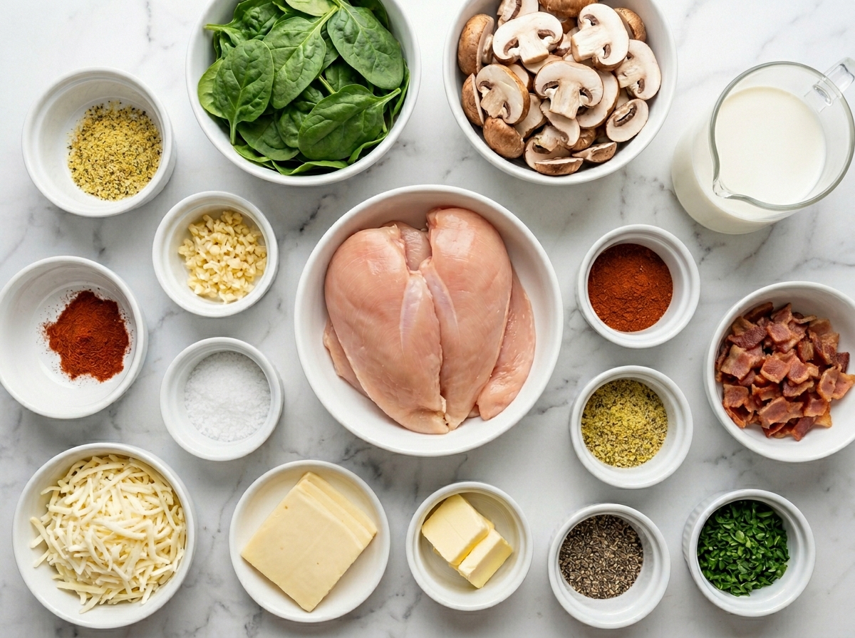 Chicken, spinach, bacon, mushrooms, cream, and cheese ingredients