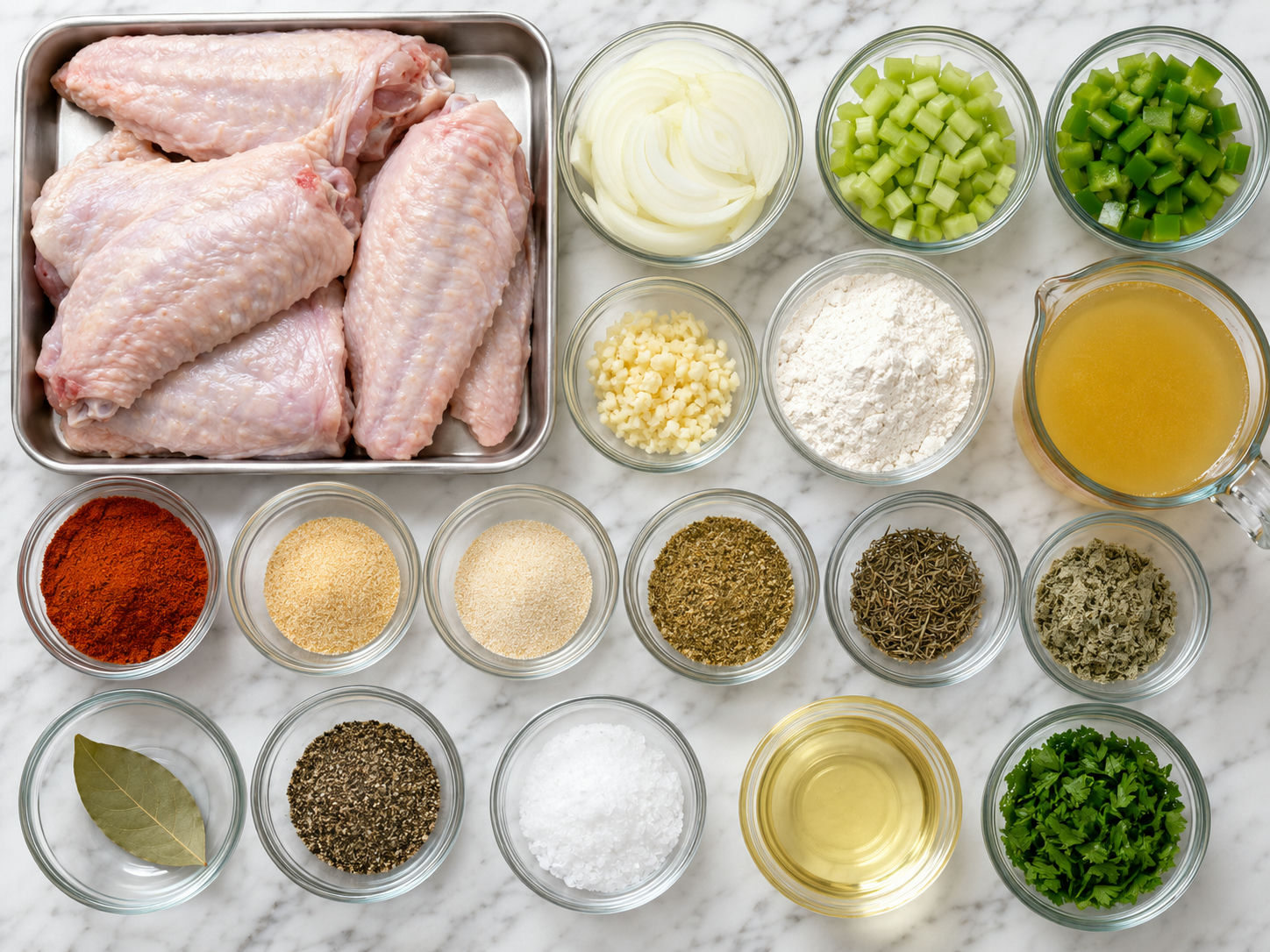 Raw turkey wings with vegetables, stock, flour, and seasonings