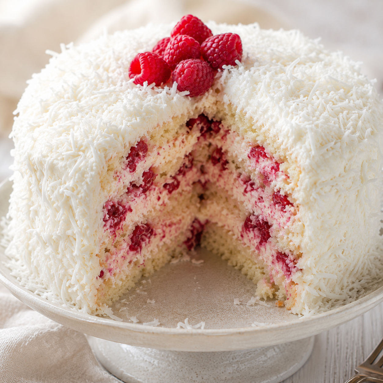 Coconut snowball cake with raspberry swirls and fresh raspberries