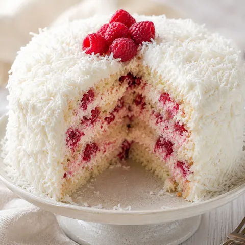 Coconut snowball cake with raspberry swirls and fresh raspberries