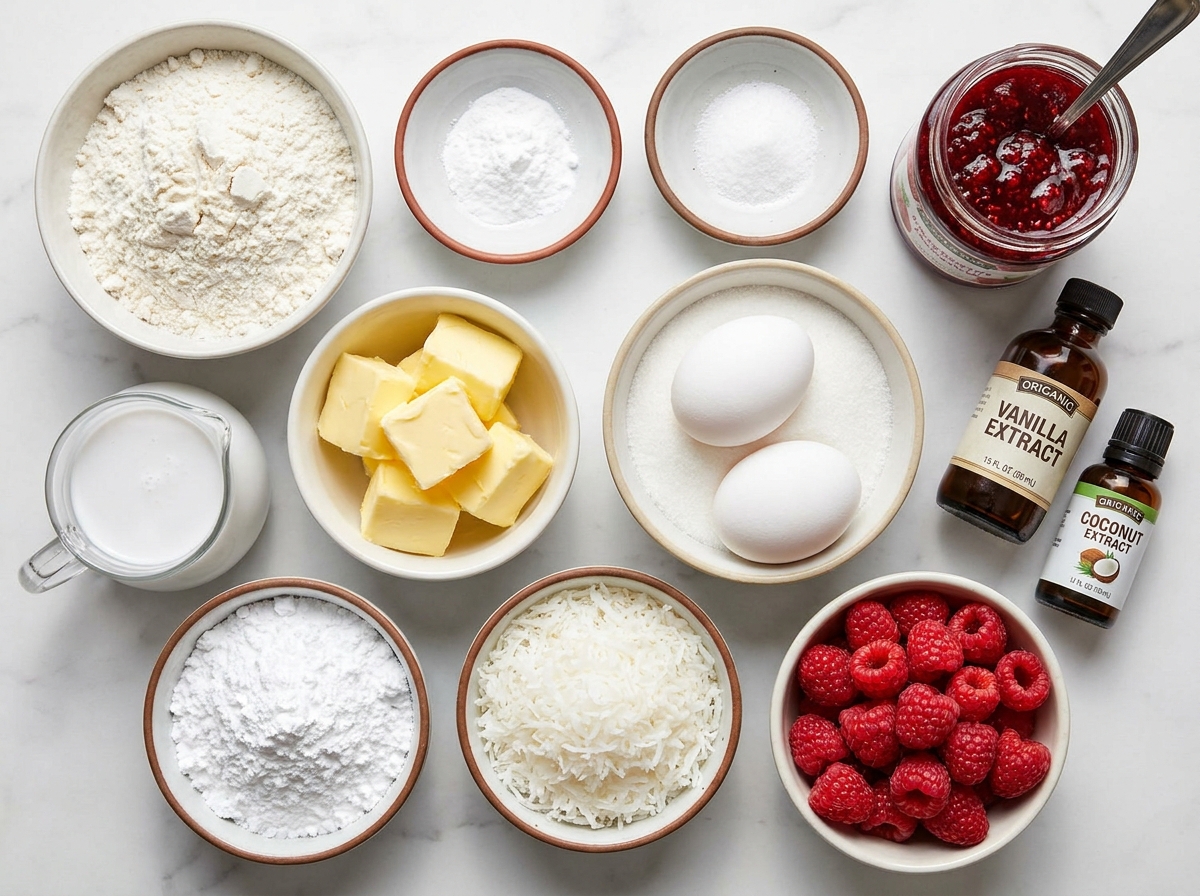 Ingredients for coconut raspberry snowball cake on a wooden table