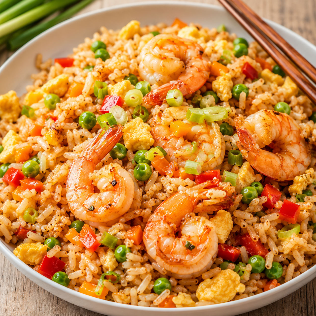 Shrimp fried rice with vegetables, egg, peas, carrots, and green onions