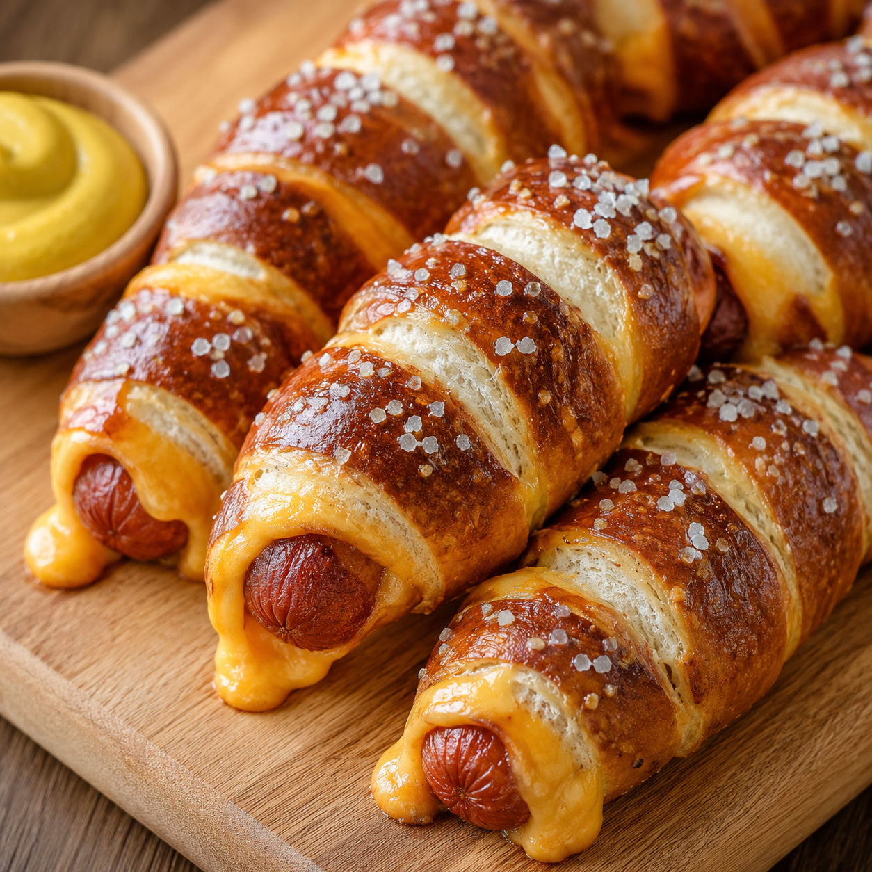 Cheesy pretzel dogs with golden crust and mustard on a wooden board