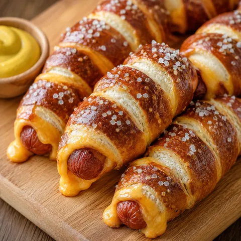 Cheesy pretzel dogs with golden crust and mustard on a wooden board