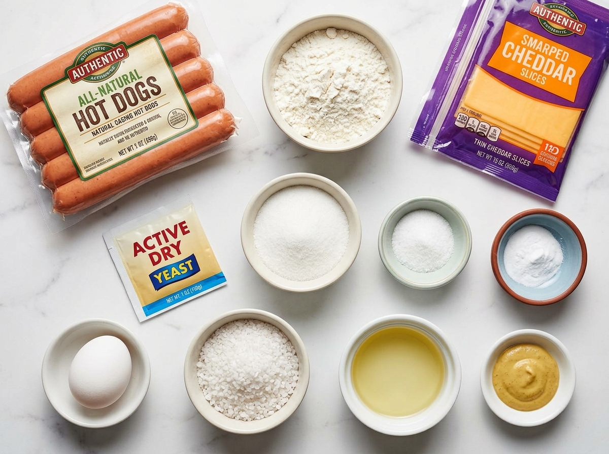 Ingredients for cheesy pretzel dogs with hot dogs, cheddar, flour, and egg