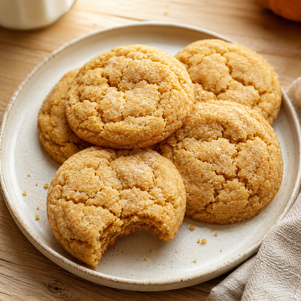 Soft pumpkin sugar cookies with spiced sugar on a cream plate