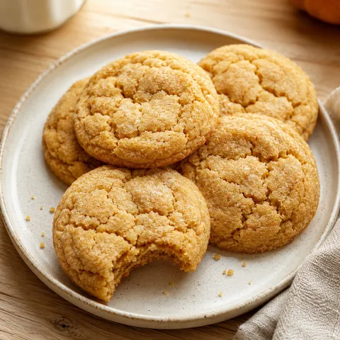 Soft pumpkin sugar cookies with spiced sugar on a cream plate