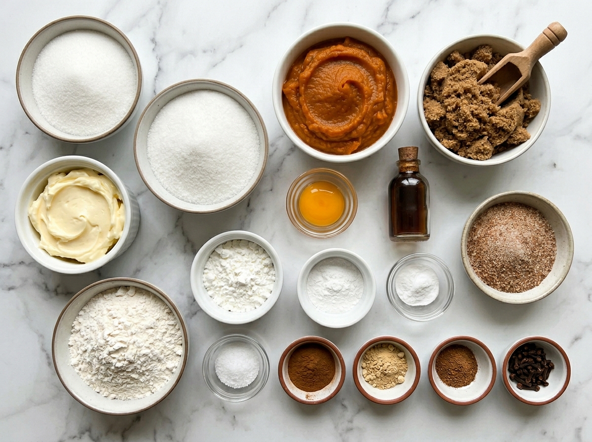 Ingredients for pumpkin sugar cookies with pumpkin puree and warm spices