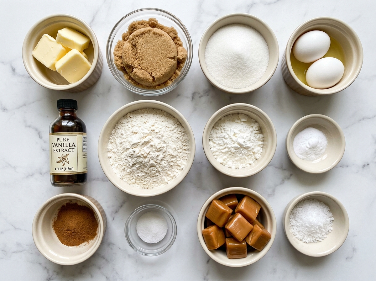 Ingredients for brown sugar cinnamon caramel cookies on a wood counter