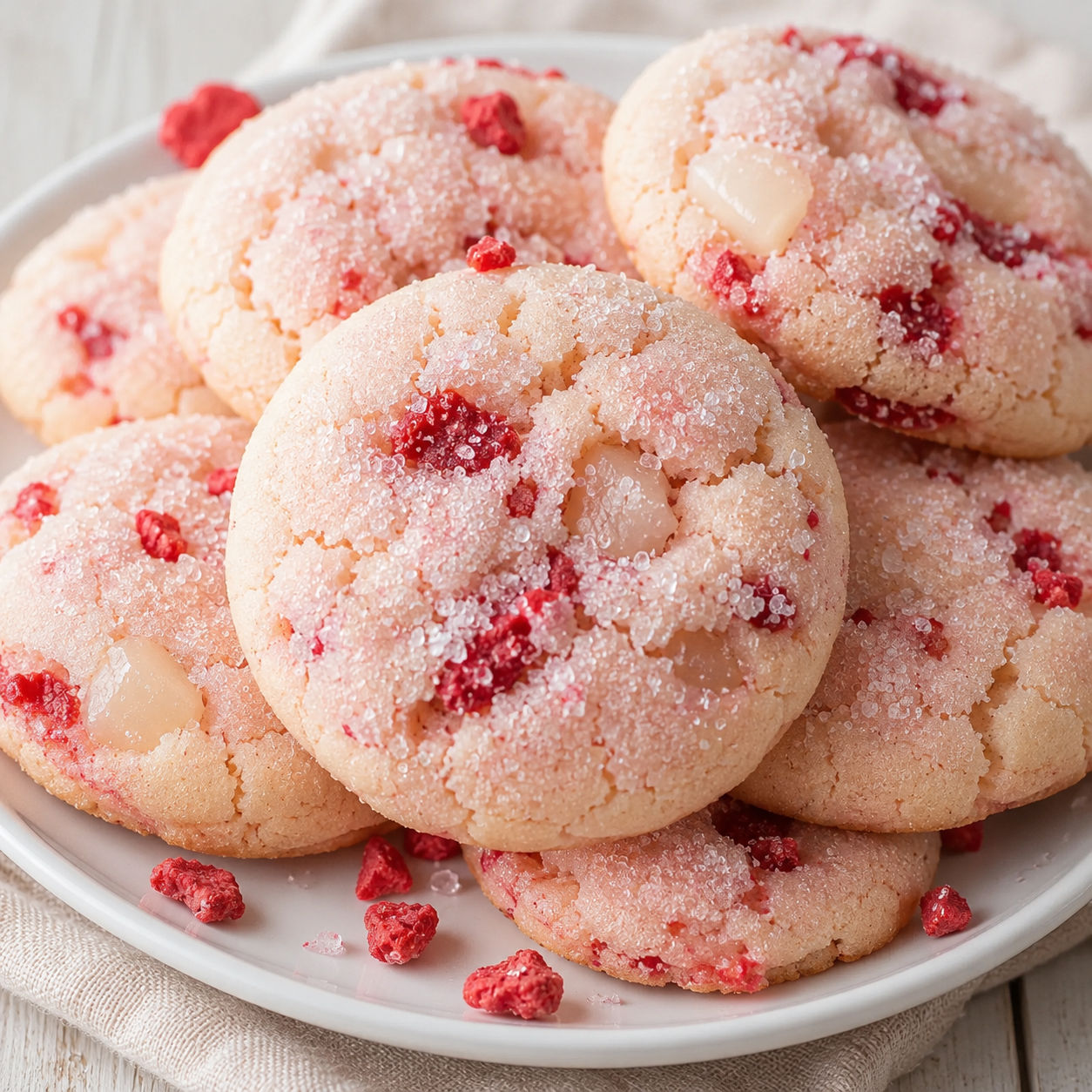 Soft pink lychee-strawberry cookies with sparkling sugar on a white plate
