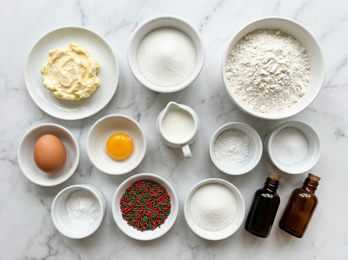 Ingredients for soft Christmas sprinkle cookies on a marble counter