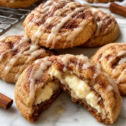 Cinnamon roll cheesecake cookies split open with creamy gooey centers