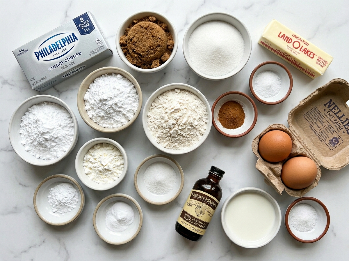 Ingredients for cinnamon roll cheesecake cookies on a marble counter