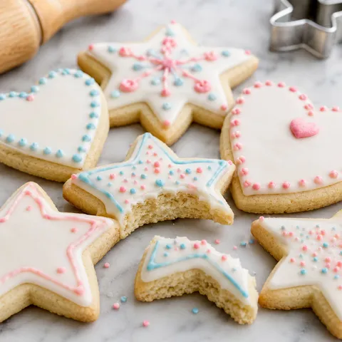 Glazed cut-out sugar cookies with crisp edges and pastel icing