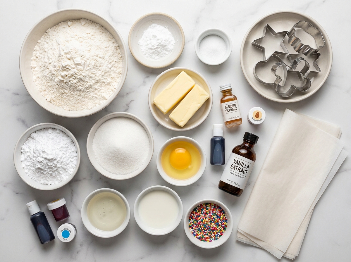 Sugar cookie ingredients with butter, flour, egg, icing, and cutters