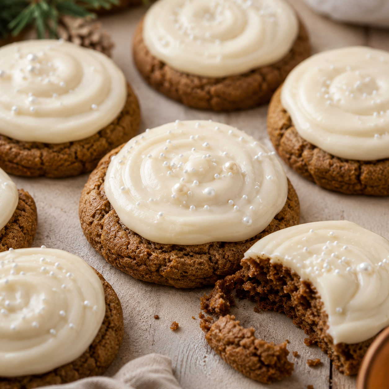 Soft gingerbread cookies with cream cheese frosting and white sprinkles