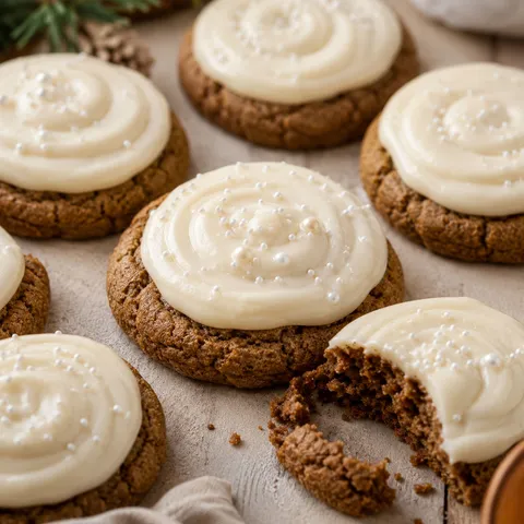 Soft gingerbread cookies with cream cheese frosting and white sprinkles