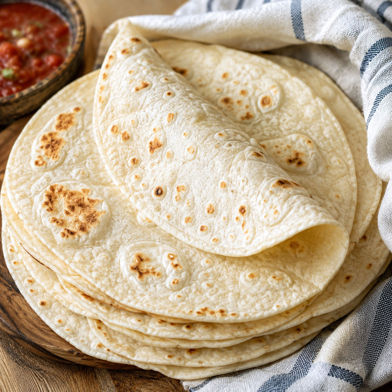 Warm stack of soft homemade flour tortillas with toasted brown spots
