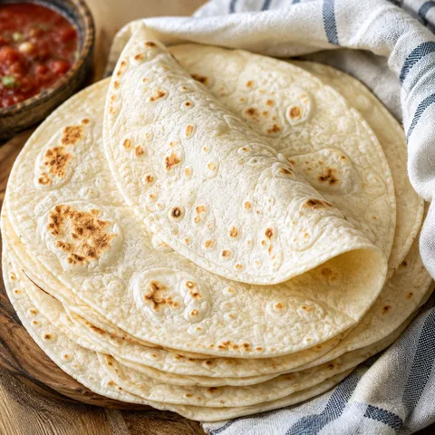 Warm stack of soft homemade flour tortillas with toasted brown spots