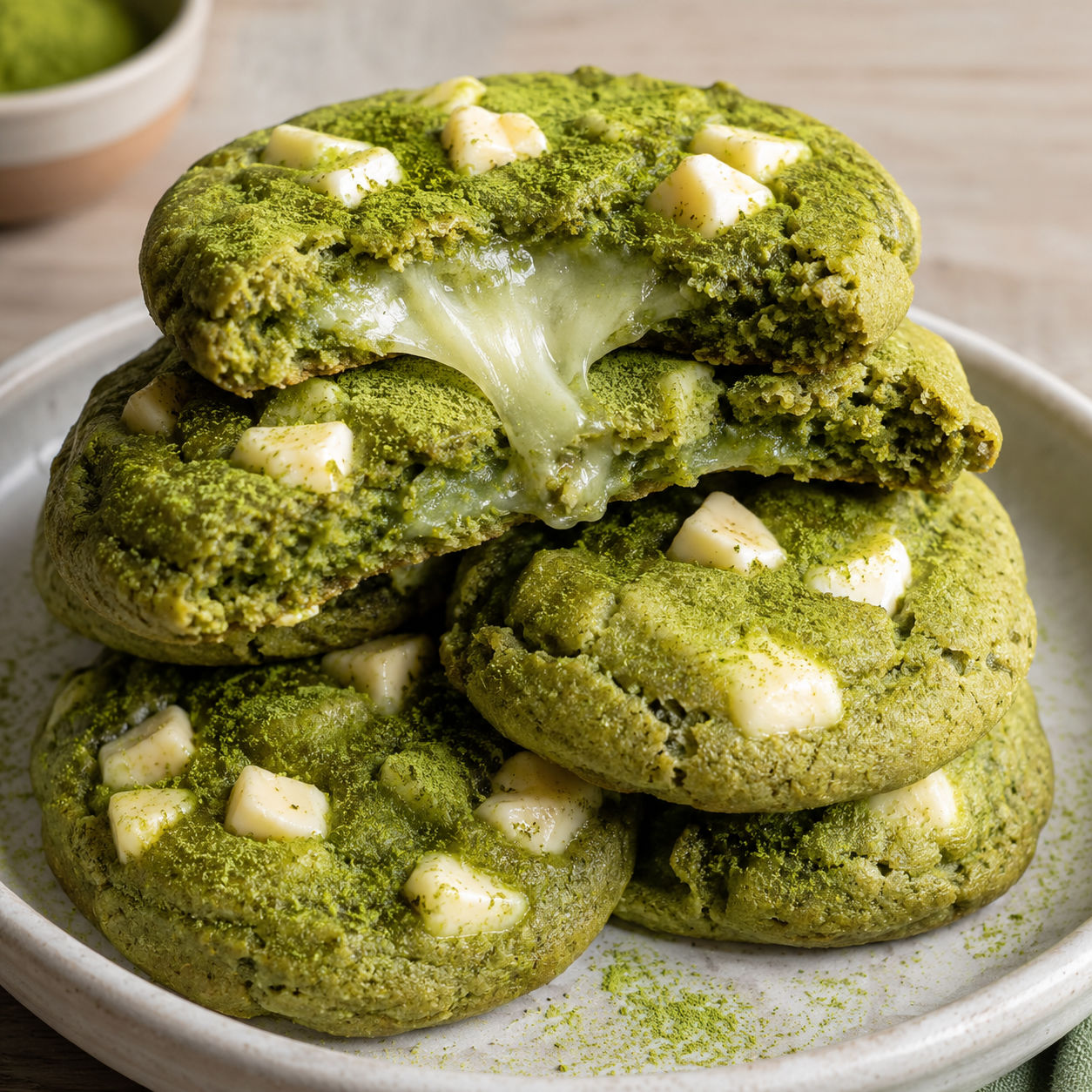 Soft matcha mochi cookies with white chocolate and chewy centers